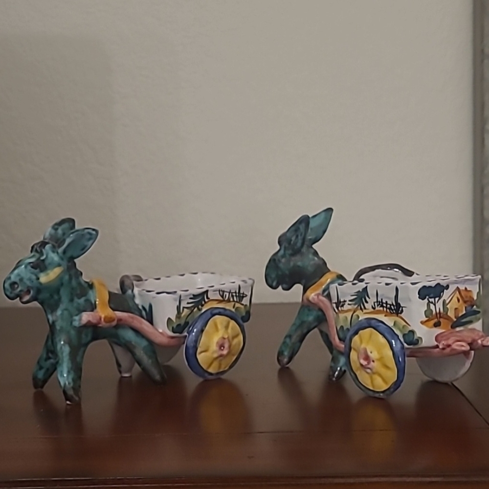 Antique Italian Colorful Ceramic Donkey Cart Figurine- Pair